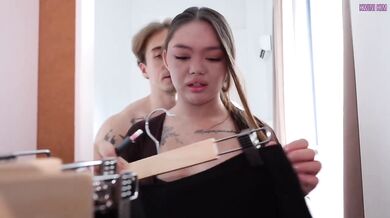 Asian slut deep throat huge cock and sucks toes until gagging on cum