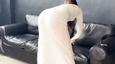 Teasing cleaning lady in transparent dress shows off her perfect goddess body