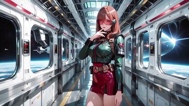 Redhead warrior in tight green armor on sci-fi spaceship train gushing through stargazing porthole