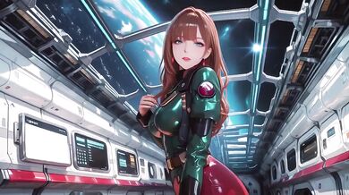 Redhead warrior in tight green armor on sci-fi spaceship train gushing through stargazing porthole