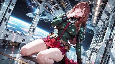 Redhead warrior in tight green armor on sci-fi spaceship train gushing through stargazing porthole