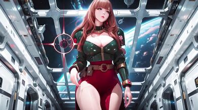 Redhead warrior in tight green armor on sci-fi spaceship train gushing through stargazing porthole