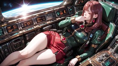 Redhead warrior in tight green armor on sci-fi spaceship train gushing through stargazing porthole