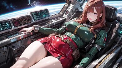 Redhead warrior in tight green armor on sci-fi spaceship train gushing through stargazing porthole
