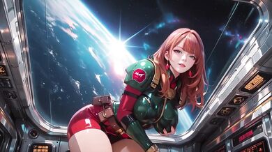 Redhead warrior in tight green armor on sci-fi spaceship train gushing through stargazing porthole