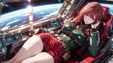 Redhead warrior in tight green armor on sci-fi spaceship train gushing through stargazing porthole