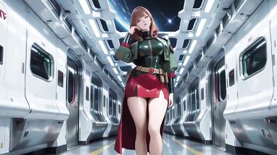 Redhead warrior in tight green armor on sci-fi spaceship train gushing through stargazing porthole