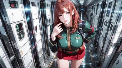 Redhead warrior in tight green armor on sci-fi spaceship train gushing through stargazing porthole