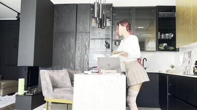Skinny redhead schoolgirl strips under skirt teasing soaked cunt
