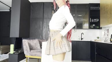 Skinny redhead schoolgirl strips under skirt teasing soaked cunt