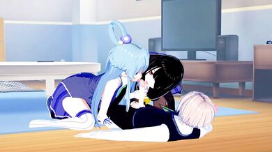 Aqua and Fubuki wrecked in wild Konosuba threesome hentai