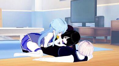 Aqua and Fubuki wrecked in wild Konosuba threesome hentai
