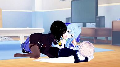 Aqua and Fubuki wrecked in wild Konosuba threesome hentai