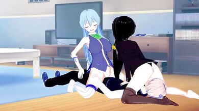 Aqua and Fubuki wrecked in wild Konosuba threesome hentai