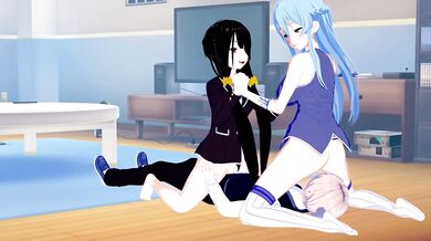 Aqua and Fubuki wrecked in wild Konosuba threesome hentai
