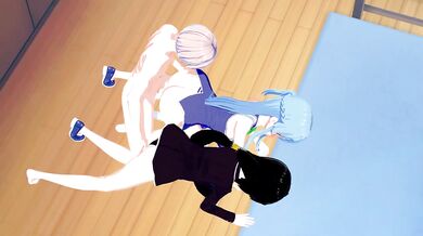 Aqua and Fubuki wrecked in wild Konosuba threesome hentai