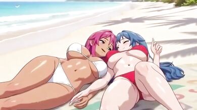 Two milfs on beach turn into wild lesbian squirt and threesome