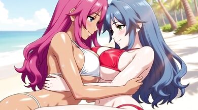 Two milfs on beach turn into wild lesbian squirt and threesome