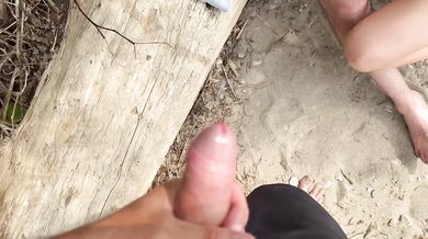 Wife gets destroyed on beach by friend while husband jerks off in public creampie