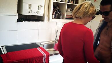 Slutty nymphomaniac mother-in-law, cleans in lingerie to tease her son-in-law.