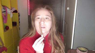 Nude smoke with flirt. Red sweater