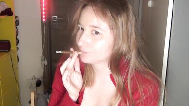 Nude smoke with flirt. Red sweater