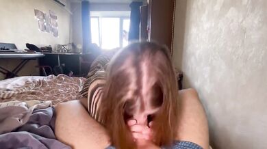Shy cute girl takes first big cock slobbering deepthroat blowjob raw