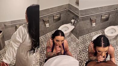 MILF deepthroats BBC in pool bathroom while husband swims POV creampie