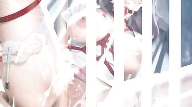 Bondage nurse whimpers gagged tight while big tits swallow brutal cum roped in