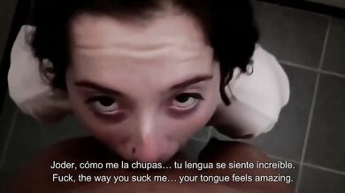 Friends hide in bathroom while she gets rimming and cum in mouth