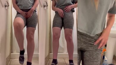 Desperate girl can’t hold pee bursts leggings soaking cumshot
