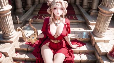 Blonde goddess kneels in red dress deep v ruins creampie serene gaze
