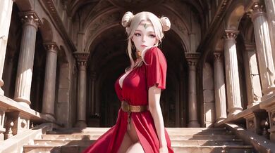 Blonde goddess kneels in red dress deep v ruins creampie serene gaze