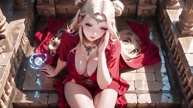 Blonde goddess kneels in red dress deep v ruins creampie serene gaze