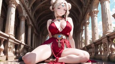 Blonde goddess kneels in red dress deep v ruins creampie serene gaze