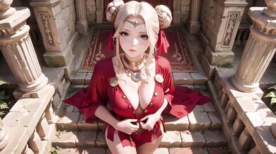 Blonde goddess kneels in red dress deep v ruins creampie serene gaze
