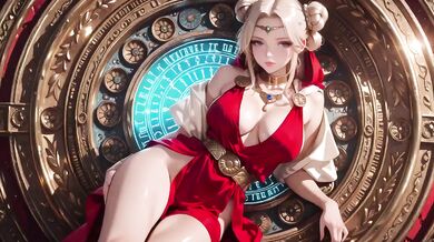 Blonde goddess kneels in red dress deep v ruins creampie serene gaze
