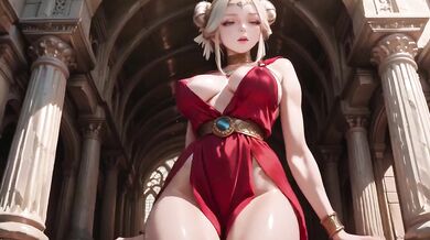 Blonde goddess kneels in red dress deep v ruins creampie serene gaze
