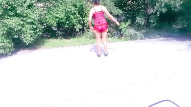 Motorcycle biker ebony goddess teases and yoga stretches in the park for hungry eyes