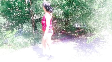 Motorcycle biker ebony goddess teases and yoga stretches in the park for hungry eyes