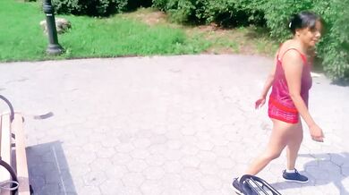 Motorcycle biker ebony goddess teases and yoga stretches in the park for hungry eyes