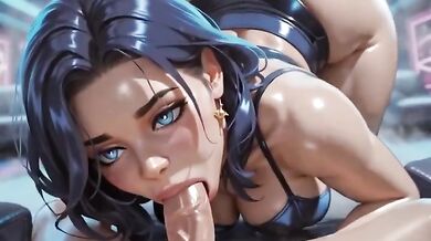 Blue hair slut destroys big cock with sloppy blowjob and anal rides