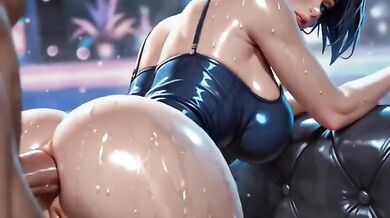 Blue hair slut destroys big cock with sloppy blowjob and anal rides