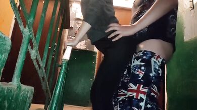 Risky stairwell blowjob destroyed wife’s cheating ass came on her leggings
