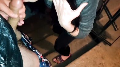 Risky stairwell blowjob destroyed wife’s cheating ass came on her leggings