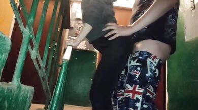 Risky stairwell blowjob destroyed wife’s cheating ass came on her leggings