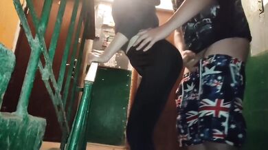 Risky stairwell blowjob destroyed wife’s cheating ass came on her leggings