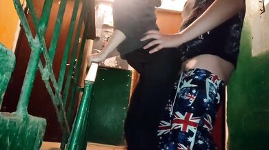 Risky stairwell blowjob destroyed wife’s cheating ass came on her leggings
