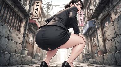 Office lady strips bare in public showing off her uncovered pussy