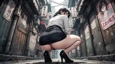 Office lady strips bare in public showing off her uncovered pussy
